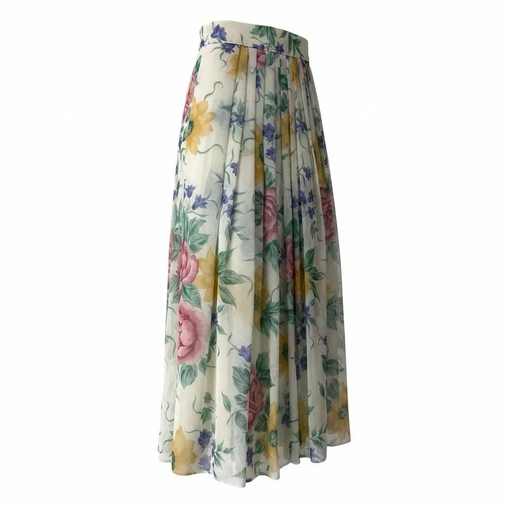 St Michael Pleated Midi Skirt Women Sz 12 (W28) Pastel Floral Print Lined NWOT